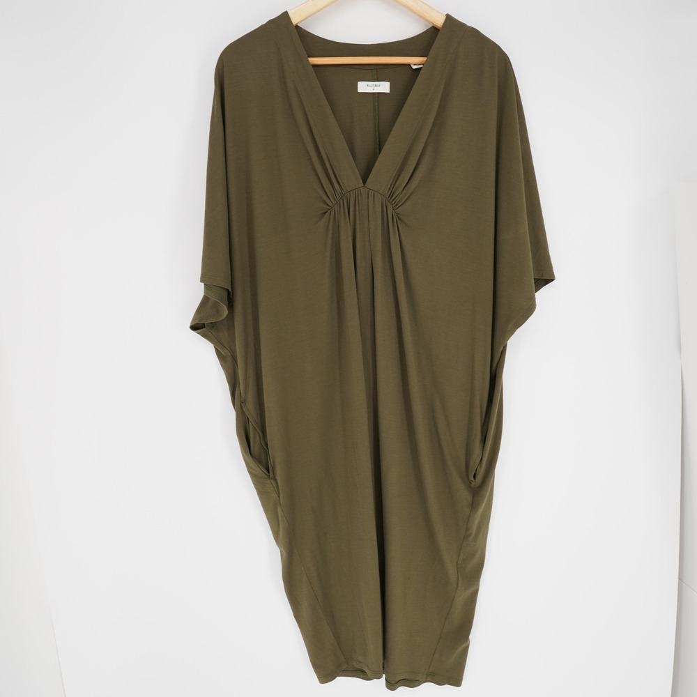 Billy Reid Dress Womens L Green Kaftan Midi V-Neck Silk Cotton Pockets Pleated